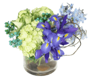 arrangement highlights shades of turquoise, blue, and green in a truly unique and lovely way. Designed in a cylinder vase with garden flowers like Hydrangea, Iris, and more, accented with curly willow and aqua tinted Coffey berry,
