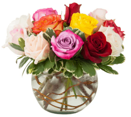 A compact design of assorted Ecuadorian Roses in delicious colors arranged in a clear bubble bowl.